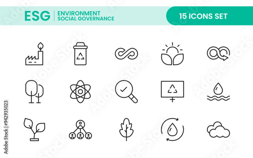 ESG flat editable line icon set. Vector line icon collection related to ecology, environment social governance, risk management, sustainable developmen and more.