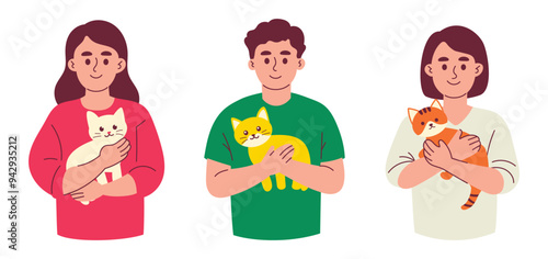 People Holding Cat, Woman and Man Hold in Arms Domestic Pet Show Love and Care