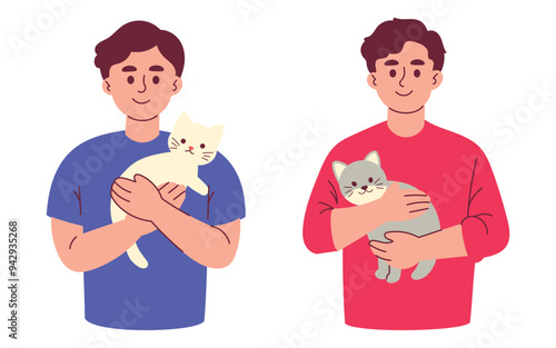 Man Holding Cat, Happy Man Hold in Arms Domestic Pet Show Love and Care