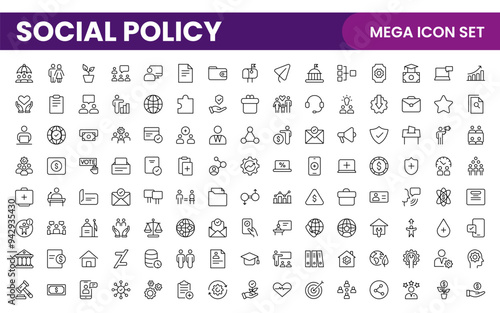 Set of Social Policy and Insuranceline icons. editable line icon collection related to education, insurance, law, goverment and more.
