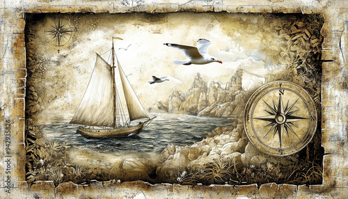 Sailing Ship, Seagulls, and Compass on a Vintage Background