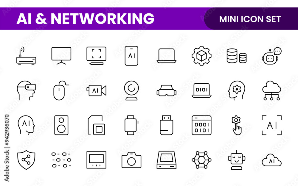 Artificial intelligence and Networking technology icon set. AI and networking editable line icon illustration. Artificial intelligence and Networking technology icon set. AI and networking editable line icon illustration.