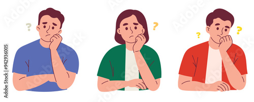 Thoughtful People Think about Questions, Different Man and Woman with Puzzled Facial Expressions