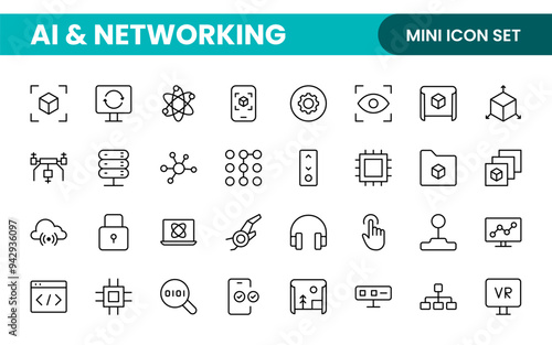 Artificial intelligence and Networking technology icon set. AI and networking editable line icon illustration.