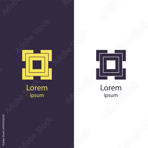 Abstract geometric logo featuring layered square shapes arranged in a symmetrical pattern. Ideal for tech companies, modern businesses, and creative industries.