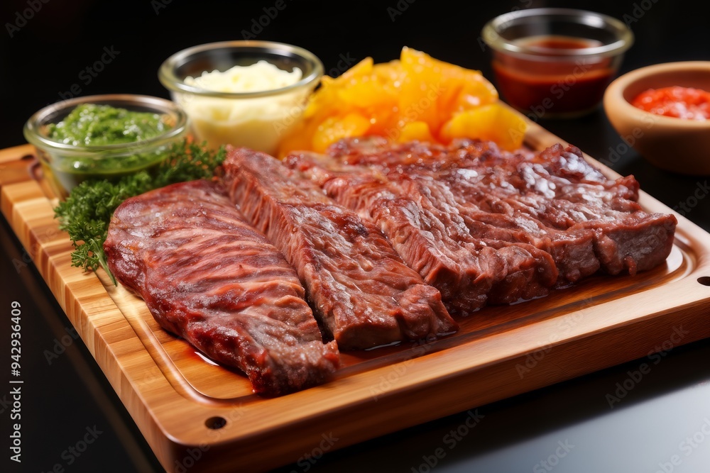 raw sliced meat and vegetables and herbs on a wooden board, delicious food raw sliced meat and vegetables and herbs on a wooden board, delicious food