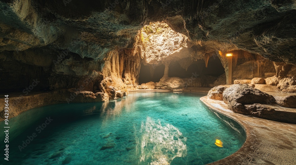 Fototapeta premium Serene underground cave pool illuminated by soft light, with plenty of space for copy.