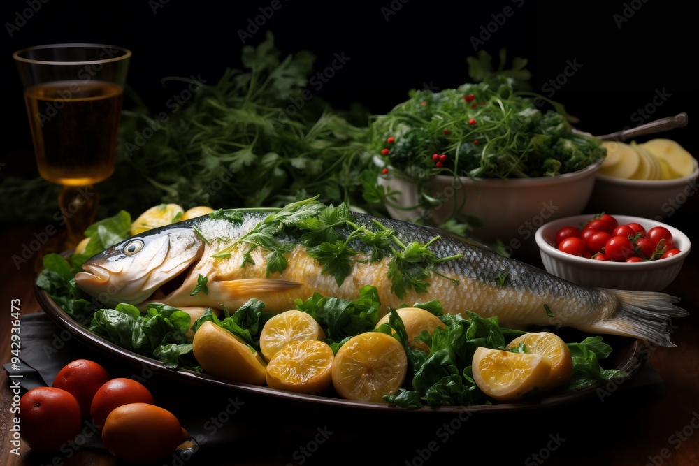 fish with vegetables and herbs cooked on fire, barbecue, served on a plate with greens, delicious food fish with vegetables and herbs cooked on fire, barbecue, served on a plate with greens, delicious food