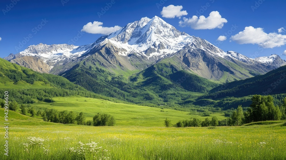 Snow-capped mountain towering above lush green valleys, with ample copy space. Snow-capped mountain towering above lush green valleys, with ample copy space.