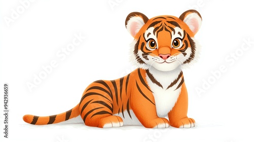 Cute illustrated baby tiger with white background,