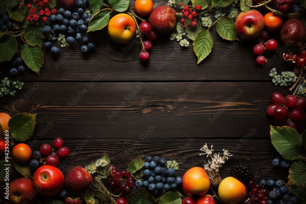 still life with bunches of grapes, berries and fresh and juicy fruits against a dark old wooden background, rural vintage style, the concept of fresh and healthy food still life with bunches of grapes, berries and fresh and juicy fruits against a dark old wooden background, rural vintage style, the concept of fresh and healthy food