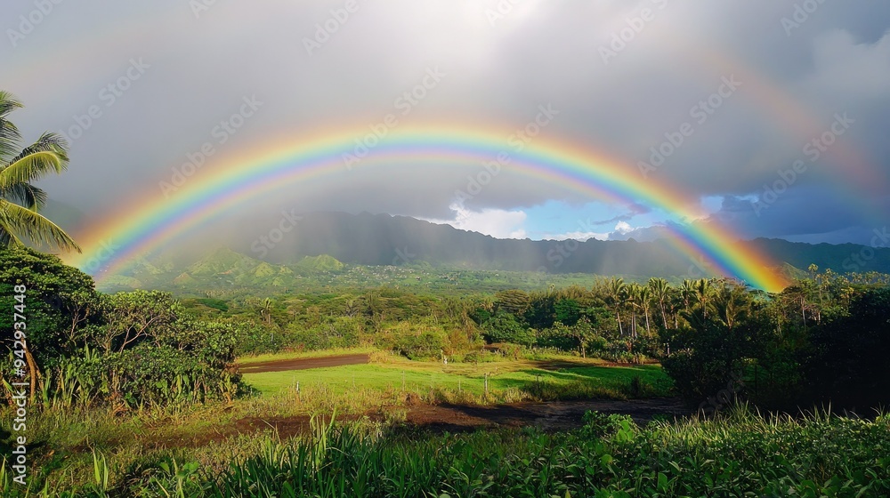 Stunning rainbow over a lush green landscape, perfect for text overlay. Stunning rainbow over a lush green landscape, perfect for text overlay.