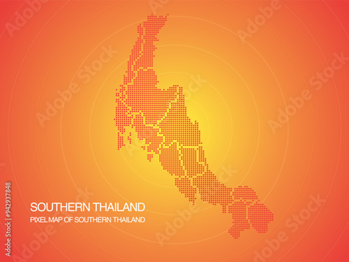Orange pixel map of Southern Thailand on orange background. Vector illustration.

