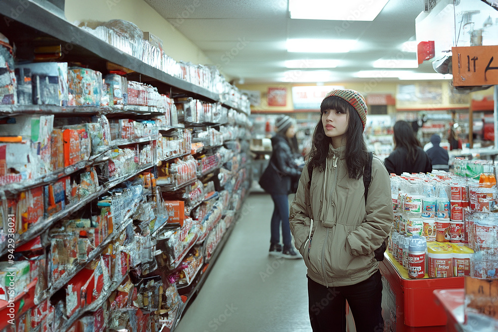 Girl looking for a product on a shelf in a small neighborhood supermarket. . Girl looking for a product on a shelf in a small neighborhood supermarket. .