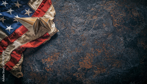 A Folded Paper Airplane Resting on a Worn American Flag