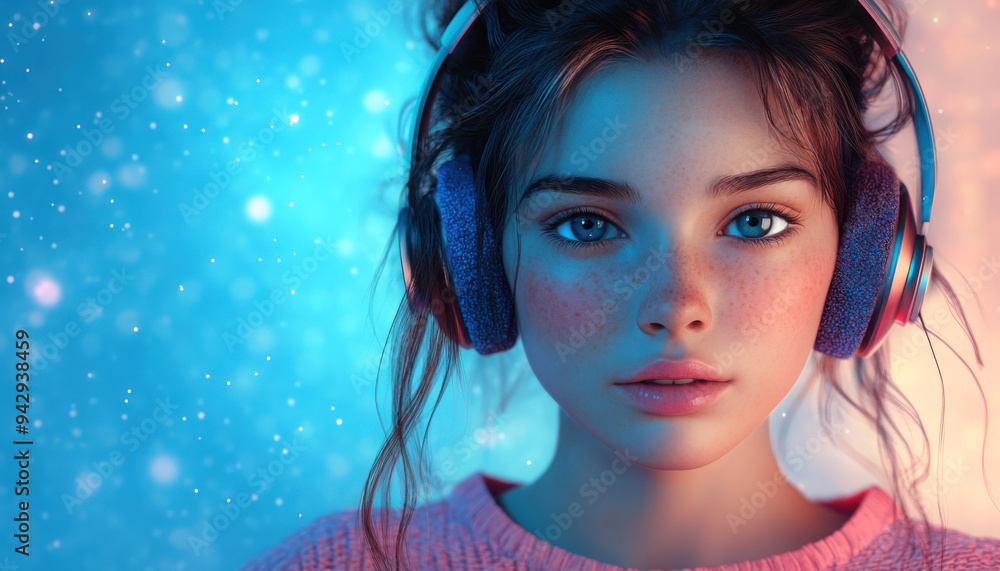 A young woman enjoys music with colorful headphones against a vibrant background, expressing emotion and connection to sound. A young woman enjoys music with colorful headphones against a vibrant background, expressing emotion and connection to sound.