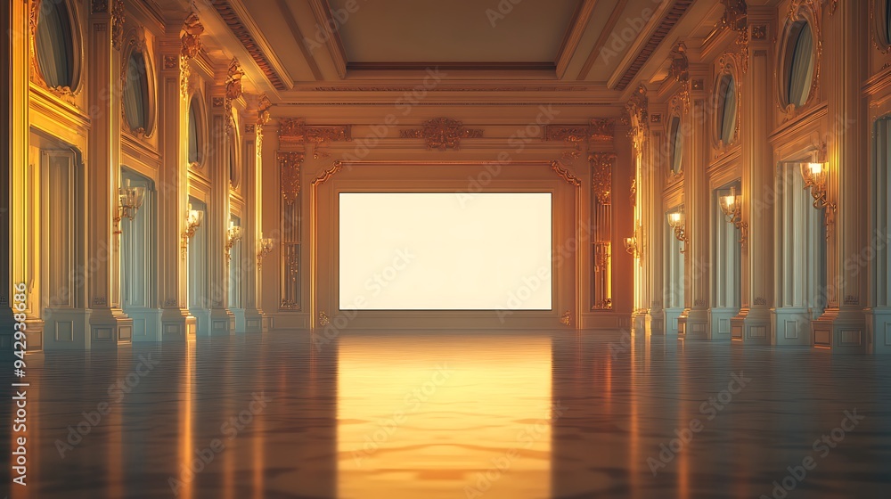 Luxurious Empty Hall with a Wide Blank Screen and Gentle Lighting, Ready for Displaying Event Branding and Mockups Luxurious Empty Hall with a Wide Blank Screen and Gentle Lighting, Ready for Displaying Event Branding and Mockups