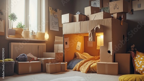 cardboard box fort in a child bedroom photo