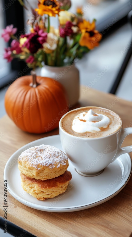 A cozy autumn scene featuring a pumpkin spice cappuccino and scone on a table, surrounded by fall decor, embodying warmth and seasonal charm. A cozy autumn scene featuring a pumpkin spice cappuccino and scone on a table, surrounded by fall decor, embodying warmth and seasonal charm.