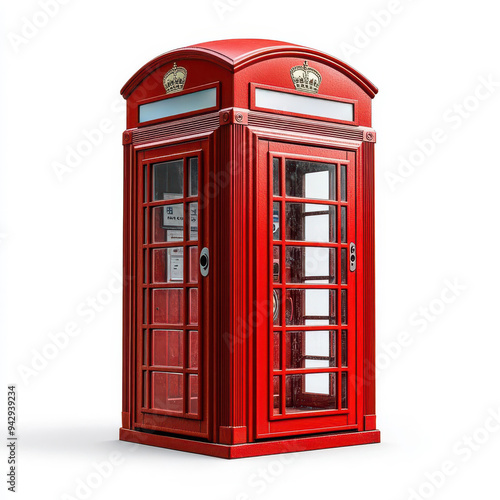 Classic red British telephone booth, isolated on a white background