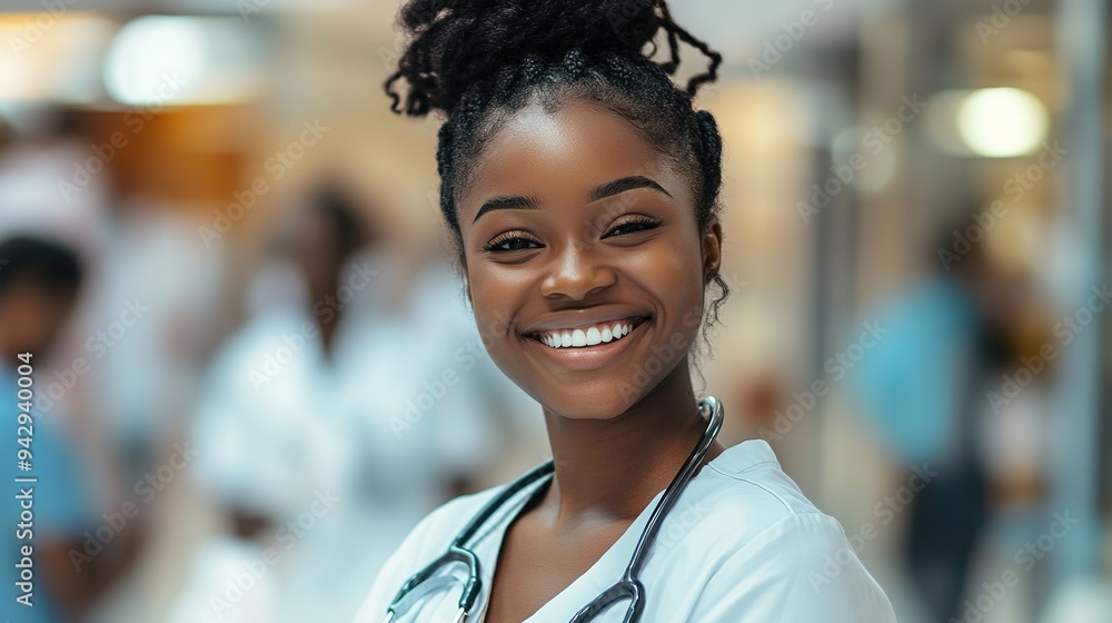 Happy African American nursing student studying at medical university and looking at camera. copy space for text. Happy African American nursing student studying at medical university and looking at camera. copy space for text.