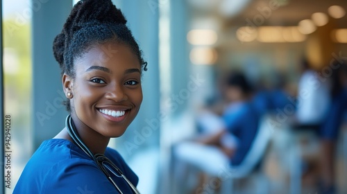 Happy African American nursing student studying at medical university and looking at camera. copy space for text.