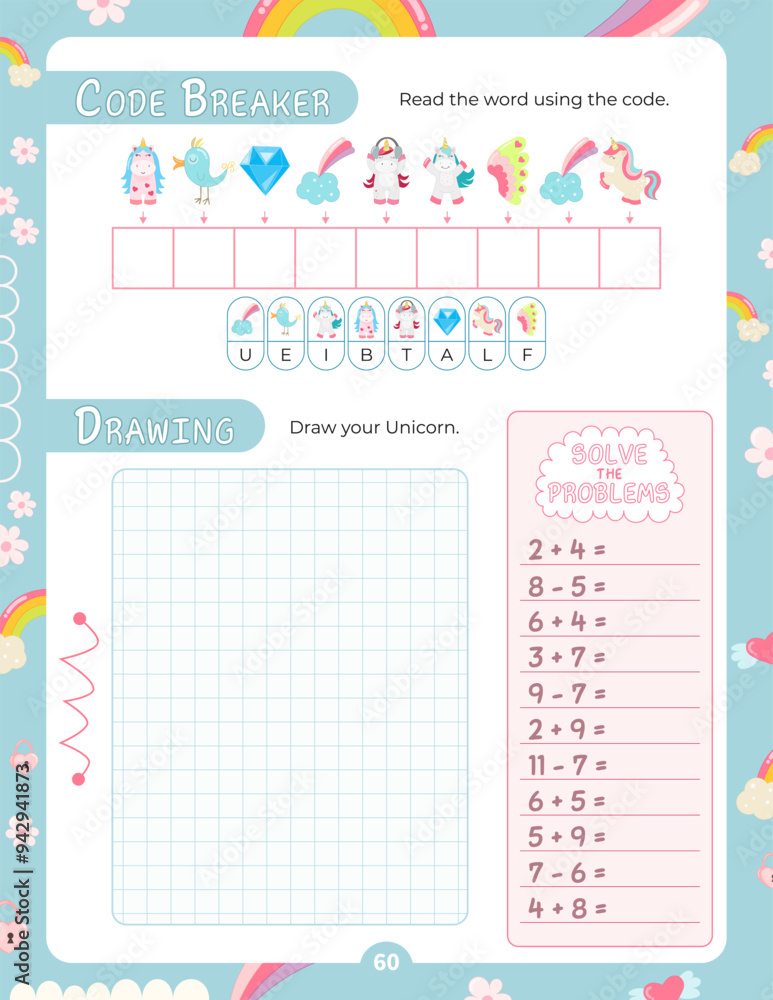 Activity Pages for Kids. Printable Activity Sheet with Unicorn Activities – code breaker, drawing, solve problems. Vector illustration. Activity Pages for Kids. Printable Activity Sheet with Unicorn Activities – code breaker, drawing, solve problems. Vector illustration.