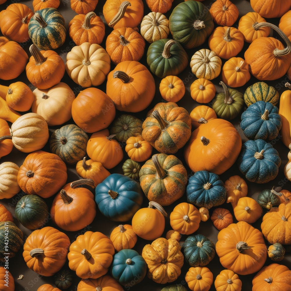 A colorful array of pumpkins in shades of orange green and blue arranged in a vibrant patchwork pattern. A colorful array of pumpkins in shades of orange green and blue arranged in a vibrant patchwork pattern.