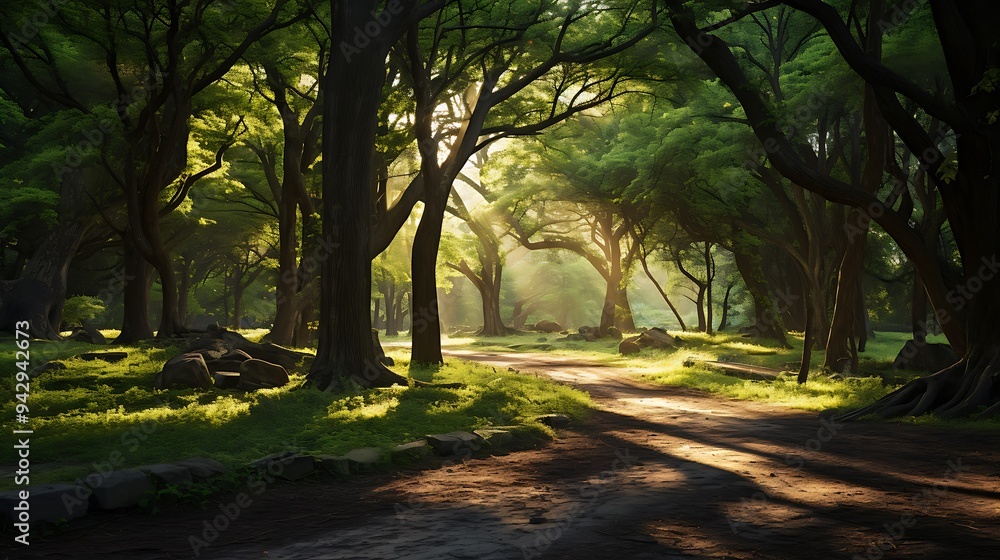Naklejka premium Dollar tree grove with sunlight filtering through the branches