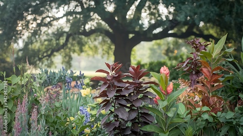 A lush garden filled with various plants and flowers, featuring a large oak tree in the center. AI Generated