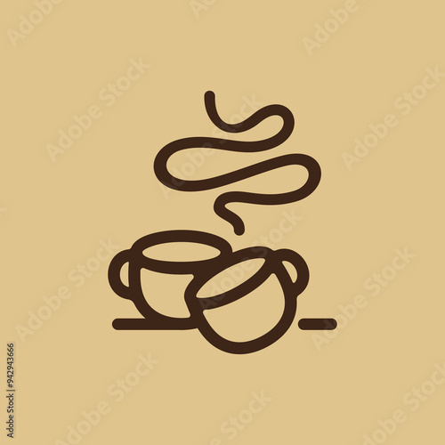hot coffee cup icon. Two transparent glass of hot coffee cups clinking and flying in a toast  line icon. Drinking hot tea cheers logo design.
