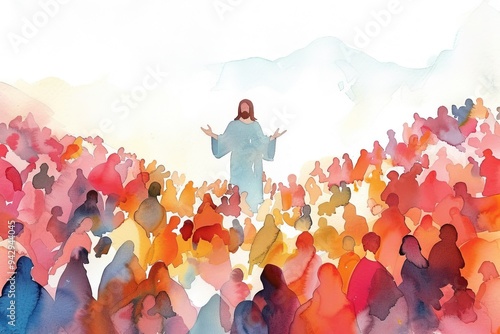 Watercolor Olive-Brown and Gold Minimalist Illustration - Jesus Feeds the Five Thousand, Sacred Art
