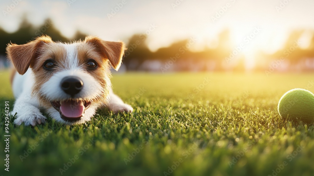 A playful puppy enjoying the evening sun on a lush green field, ready to fetch a ball with joy and energy. A playful puppy enjoying the evening sun on a lush green field, ready to fetch a ball with joy and energy.