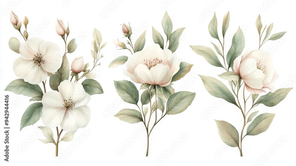 Obraz premium Three white flowers with green leaves. The flowers are arranged in a row. The flowers are very delicate and beautiful