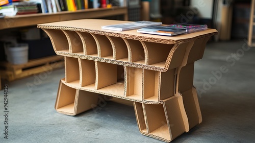 cardboard box used as a functional piece of furniture