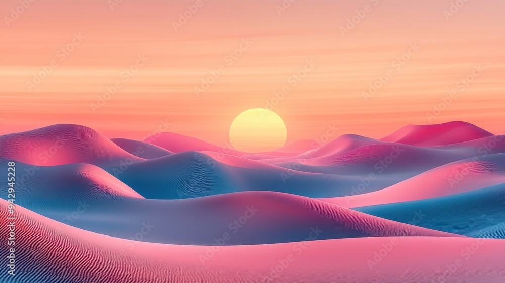 Stunning Sunset Over Colorful Sand Dunes in a Serene Desert Landscape with Vibrant Pink and Blue Hues Stunning Sunset Over Colorful Sand Dunes in a Serene Desert Landscape with Vibrant Pink and Blue Hues