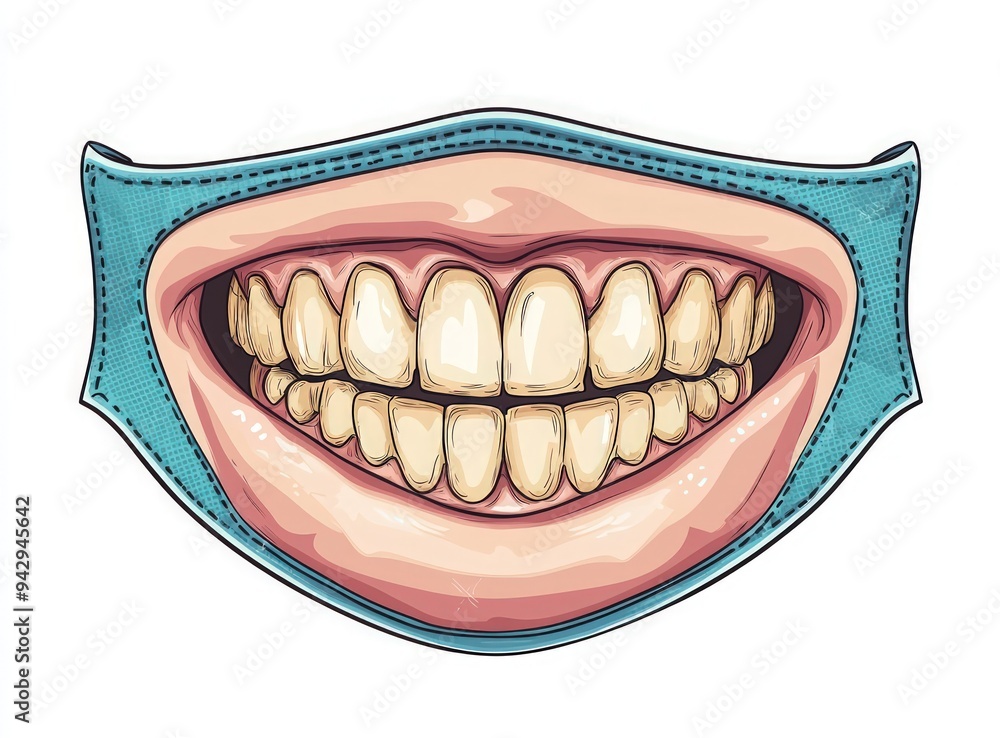 Simplified vector diagram for crafting a face mask with a teeth motif on a white base. Simplified vector diagram for crafting a face mask with a teeth motif on a white base.
