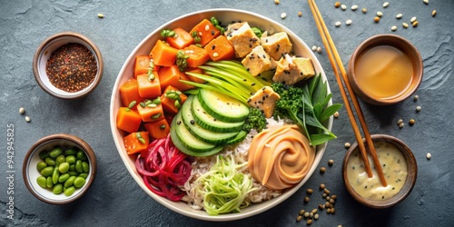Wallpaper Mural Overhead view of Asian Poke Bowl sauces including spicy mayo, eel sauce and wasabi mayo with clipping path Torontodigital.ca