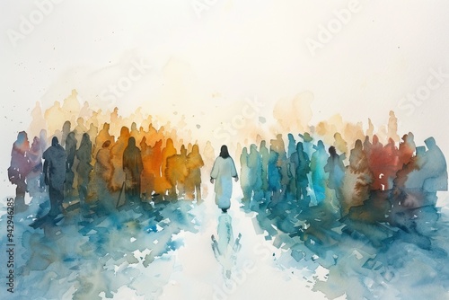 Minimalist Watercolor Illustration of Jesus Feeding the Hungry Masses, Capturing the Beauty of the Miracle of the Five Thousand