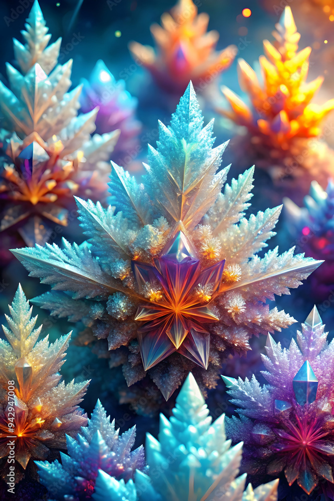 Kaleidoscope of Winter: A mesmerizing macro photograph showcasing the intricate, iridescent beauty of snowflakes in vibrant, jewel-toned hues. Kaleidoscope of Winter: A mesmerizing macro photograph showcasing the intricate, iridescent beauty of snowflakes in vibrant, jewel-toned hues.