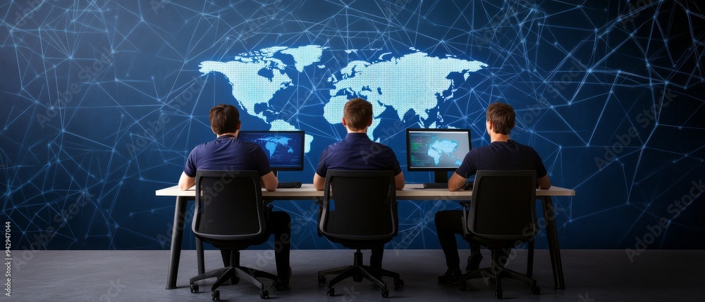 Three men in silhouette sit at a table with computer screens Three men in silhouette sit at a table with computer screens