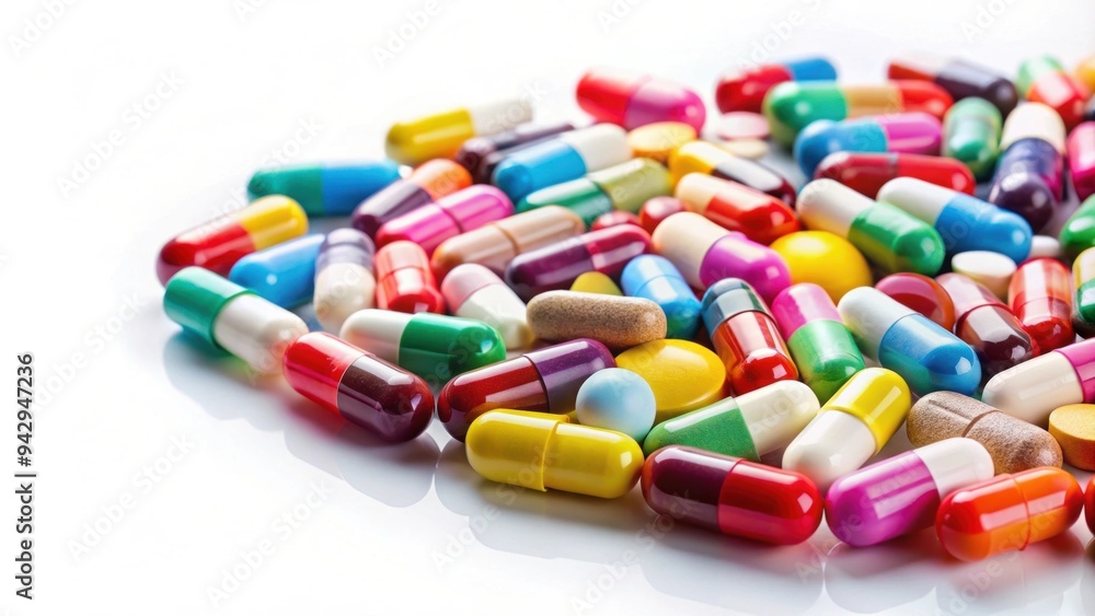 Studio shot of various colorful pills on a white background , medication, pharmaceuticals, health, medicine Studio shot of various colorful pills on a white background , medication, pharmaceuticals, health, medicine