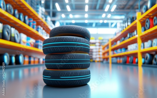 Three new tires stacked on top of each other in the foreground