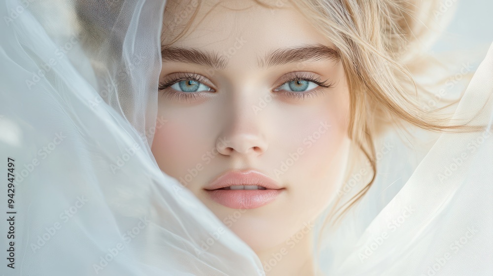 A woman with a white veil covering her face. She has blue eyes A woman with a white veil covering her face. She has blue eyes