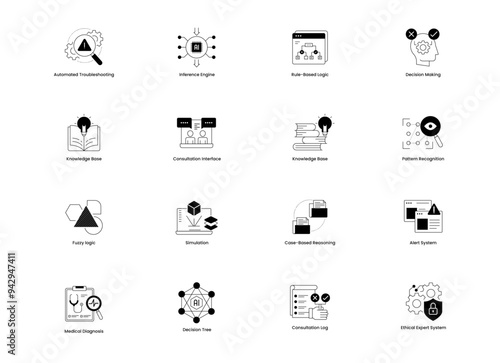 Expert Systems. A modern icon set representing key components of AI expert systems, including decision-making tools, inference engines, and consultation interfaces, ideal for technology platforms, edu
