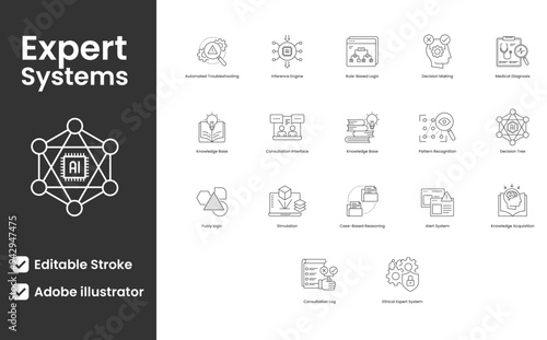 Expert Systems. A comprehensive icon set for expert systems, showcasing key AI components like decision trees, inference engines, and fuzzy logic, ideal for tech solutions, AI platforms, and education