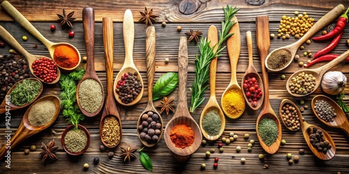 Fototapeta Naklejka Na Ścianę i Meble -  A wooden table with various spices and herbs in wooden spoons, spices, herbs, wooden table, food, cooking, ingredients