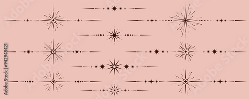 Magic vector border with celestial stars. Astrology fantasy decorative ornament. Divider with mystic spiritual symbols. Astral minimal design with elegant elements.