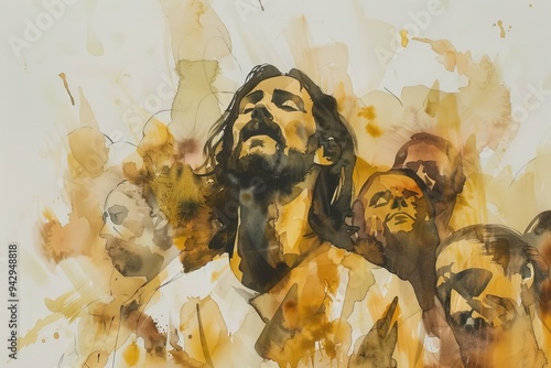 Watercolor Olive-Brown and Gold Minimalist Illustration - Jesus Feeds the Five Thousand, Sacred Art
