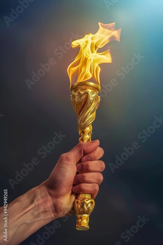 Detailed shot of a hand with a golden Olympic torch, captured in ultra-high-definition 4K.